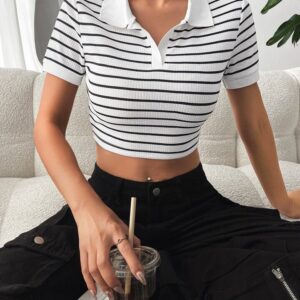 The Dry State Women Striped Polo Collar T-shirt